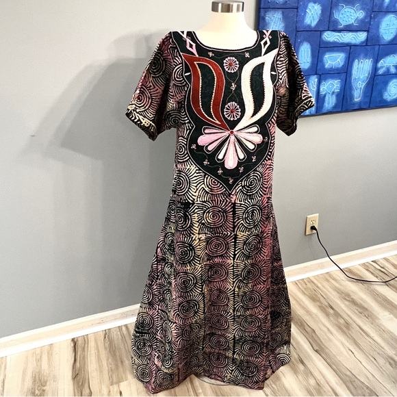 Women’s African Adire Ankara dress w/Head Wrap Pink and Deep Blue-Green - Picture 10 of 10